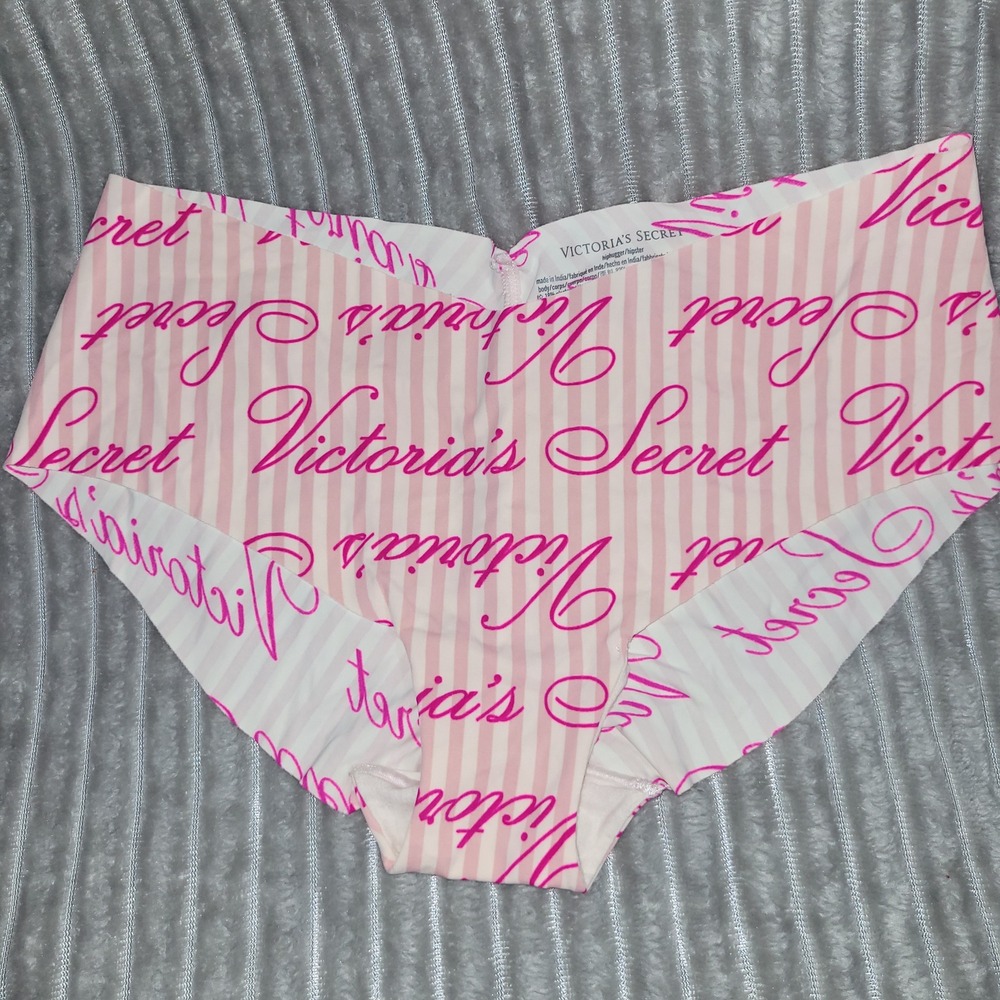 Victoria's Secret Hiphugger Panties Pink White Stripe Logo Script Medium M